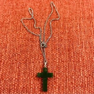 Vintage Green Stone Cross Charm with Silvertone Chain